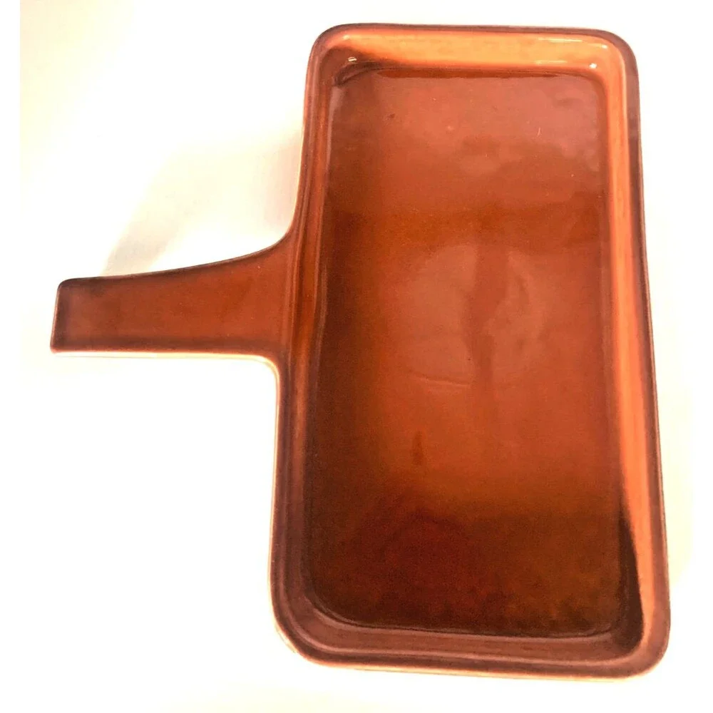 Vintage Coral Ceramic Rectangular Cornbread Tray Platter  w/Handle Made USA MCM